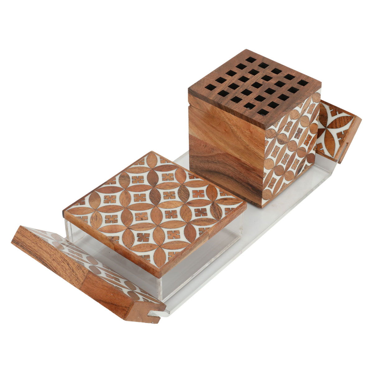 طقم مبخرة خشب السيف غاليري، نقش لؤلؤي، 3 قطع - بني product image
