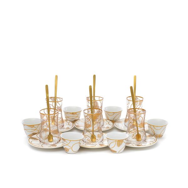 Al Saif Gallery porcelain cups and teacups serving set, golden pattern, 24 pieces - white product image