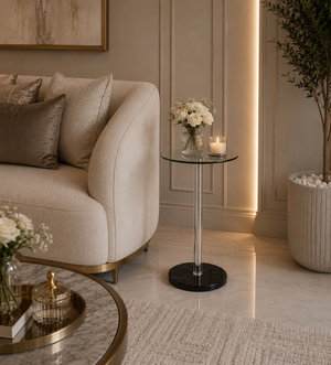 طاولة خدمة مفرد زجاج، 55×35×35 سم، قاعدة معدن دائري، رافعة أكرليك - أسود product image