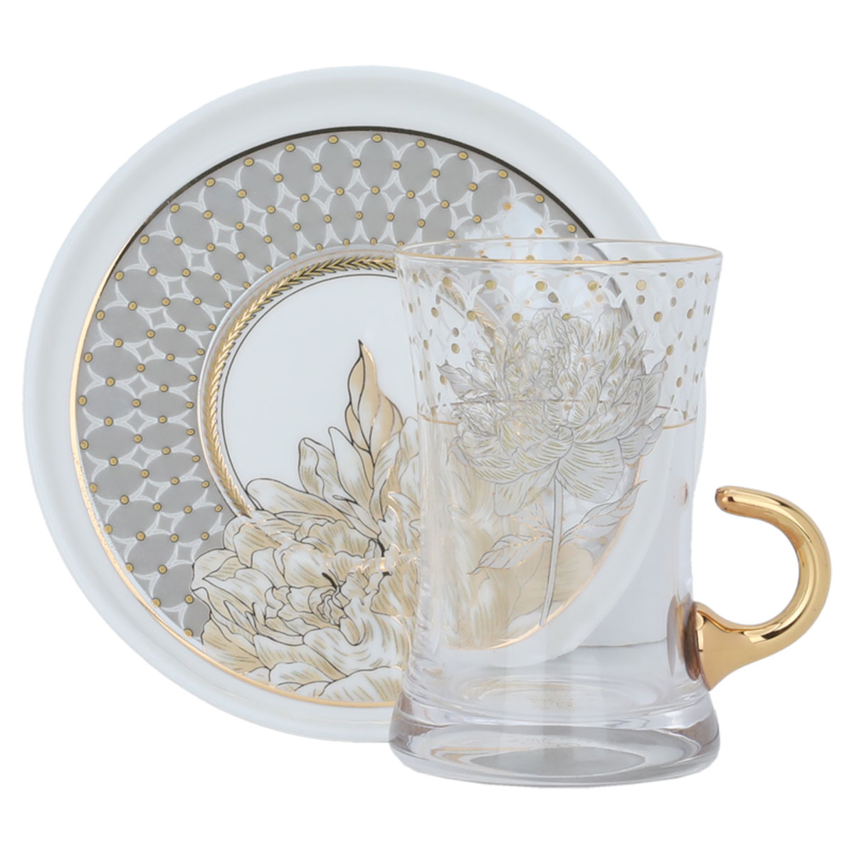 Al Saif Gallery glass tea set with porcelain plate, 12 pieces, rose pattern - transparent gold product image 1