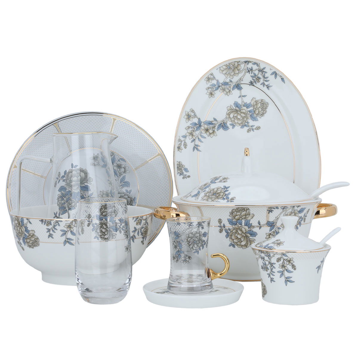 Al Saif Gallery porcelain dining set, rose pattern, 61 pieces - white product image