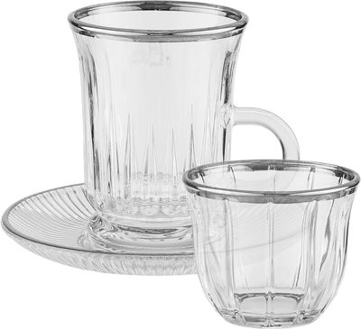 طقم فناجين وبيالات مع صحون زجاج السيف غاليري، 18 قطعة، 60 / 100 مل - شفاف فضي product image 1