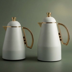 Al Saif Gallery Ruwayda thermos set, 1/0.7 liter, golden handle, two pieces, thermal glass inner case, steel outer case - light gray product image