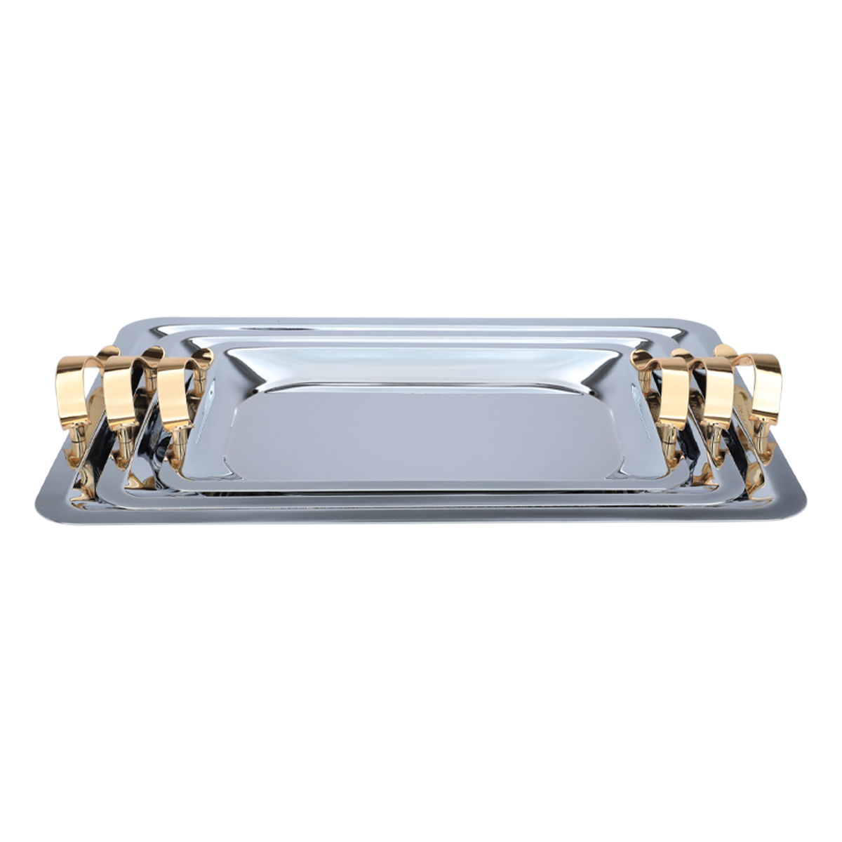 Al Saif Gallery steel tray set with a gold handle, 3 pieces, rectangular - silver product image 4