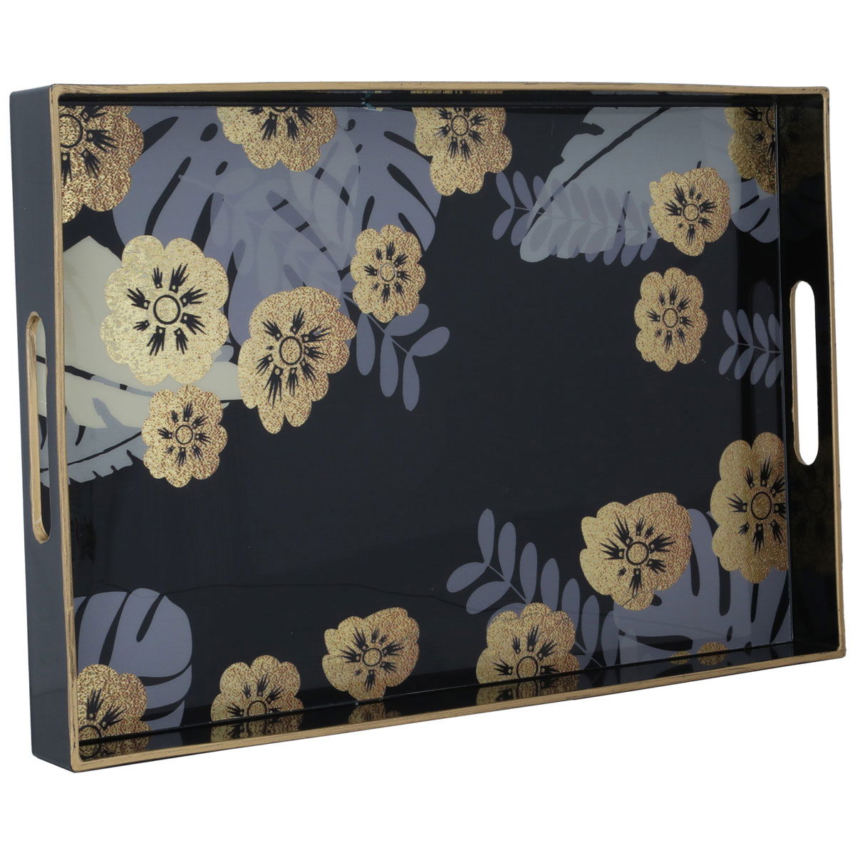 Al Saif Gallery Acrylic Serving Tray with Wooden Edges, 46 x 30 x 4 cm, Rectangle, Rose Pattern - Black product image 2