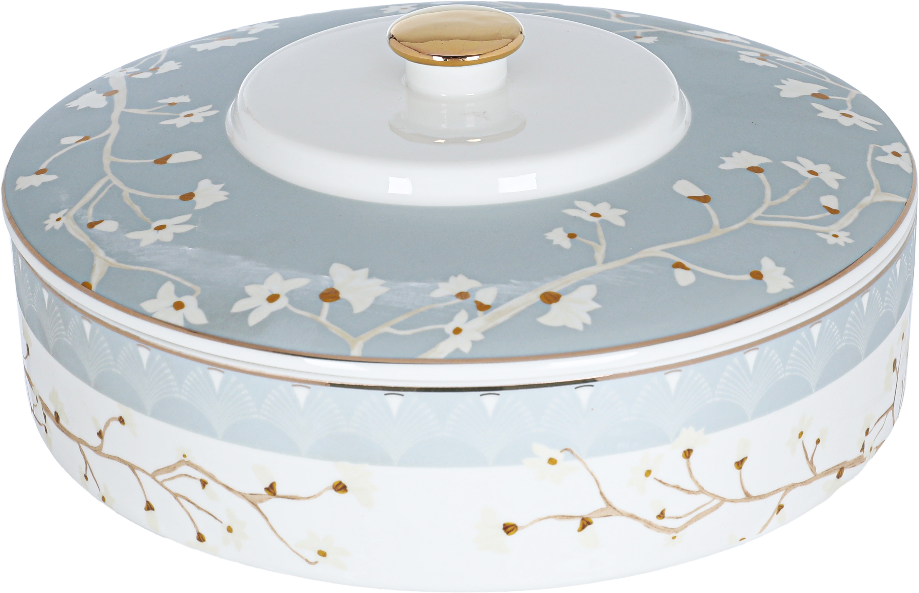 Saif Gallery Porcelain Dessert Box with Lid, 25x25x6 cm, Round, Rose Branch Pattern - White product image