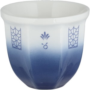 Saudi Arabian coffee cup, Al Saif Gallery porcelain, ribbed, artistic decorations - white and blue product image