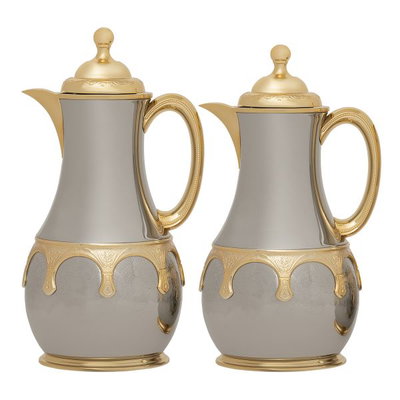 Al Saif Al Ostoura thermos set, 1/0.7 liter, 2 pieces, thermal glass inner container, stainless steel outer shell - silver gold product image 1