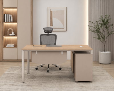 MDF wood executive desk, 140x70x75 cm - light beige wood product image 3