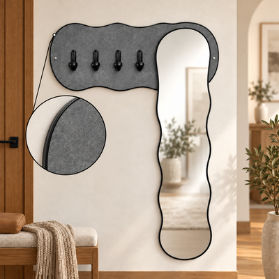مرآة مدخل منزل زجاج، 80×120×30 سم، لوح تعليق خشبي، خطافات تعليق معدنية - رمادي product image 3