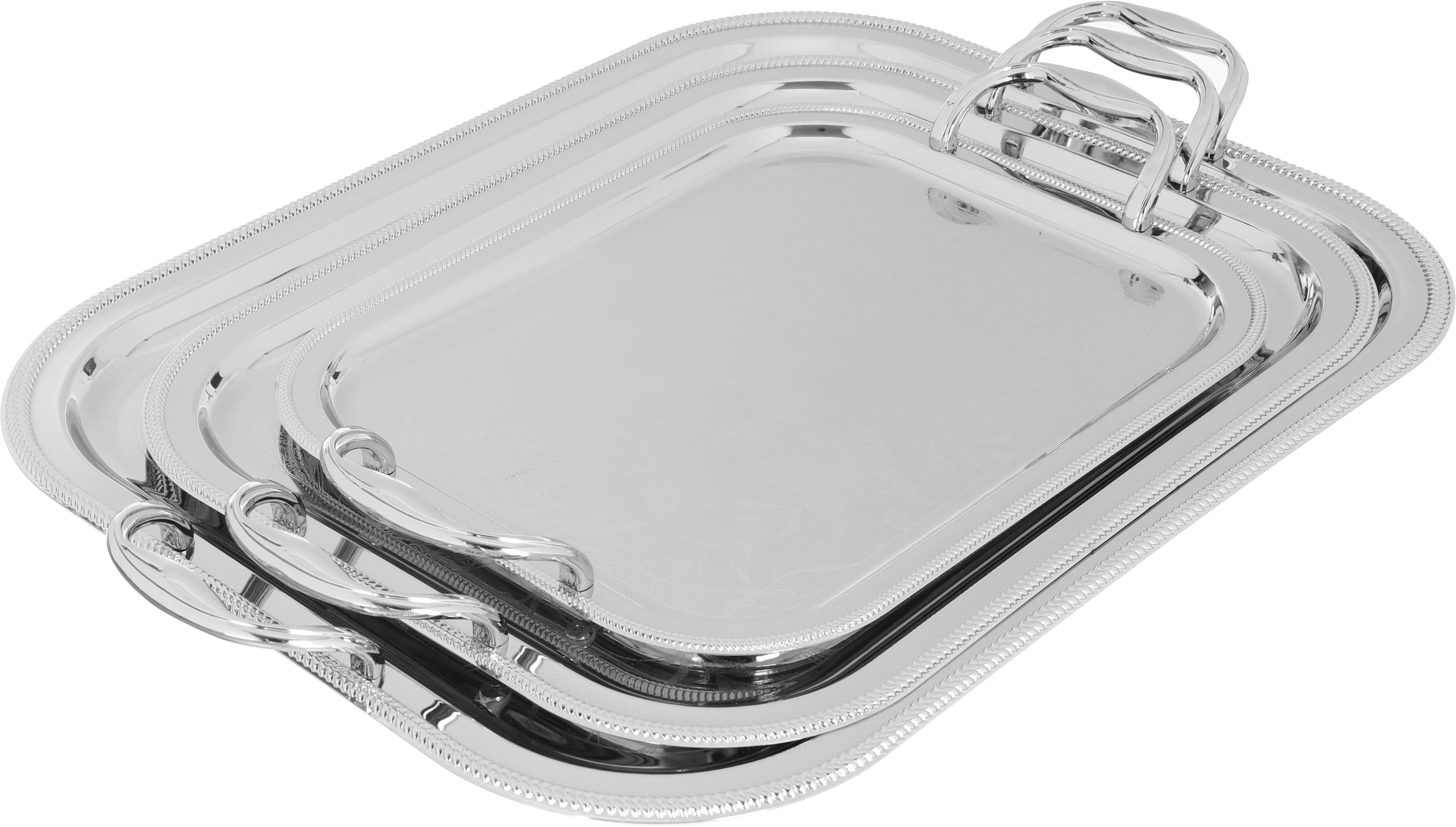 Alsaif Plus Steel Serving Treys Set with engraved edges, 3 pieces, rectangle - silver product image 1