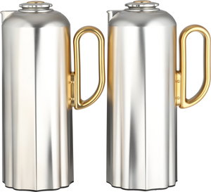 Al Saif Gallery Najdiyah Thermos Set, 1/1 Liter, 2 Pieces, Glass Inner Container, Gold Handle, Push Button - Matte Silver product image 2