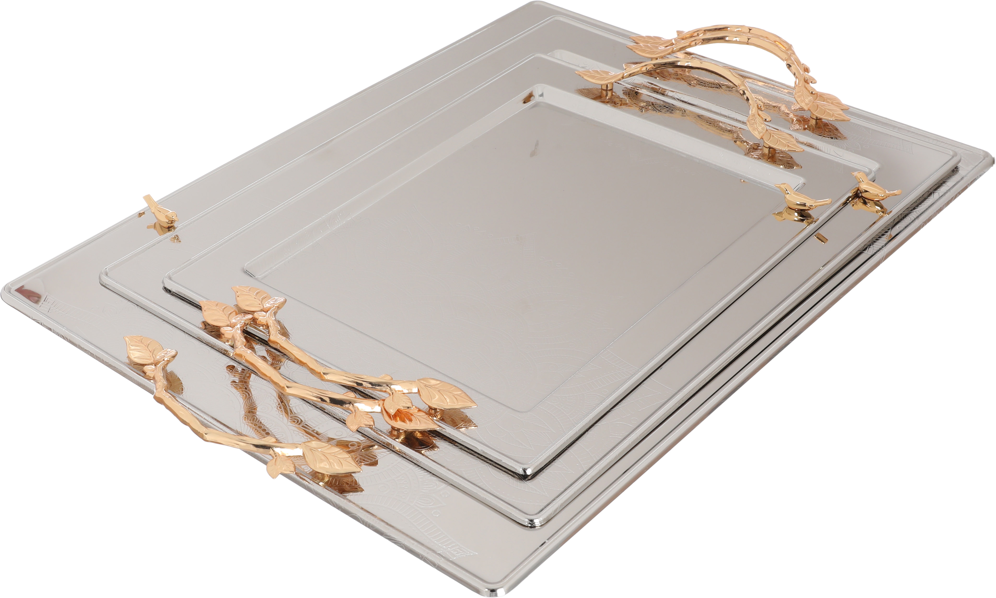 Al Saif Gallery steel topper set, 50 x 38 x 1.7 / 44 x 33 x 1.6 / 37 x 27 x 1.5 cm, gold handle, 3 pieces - silver product image