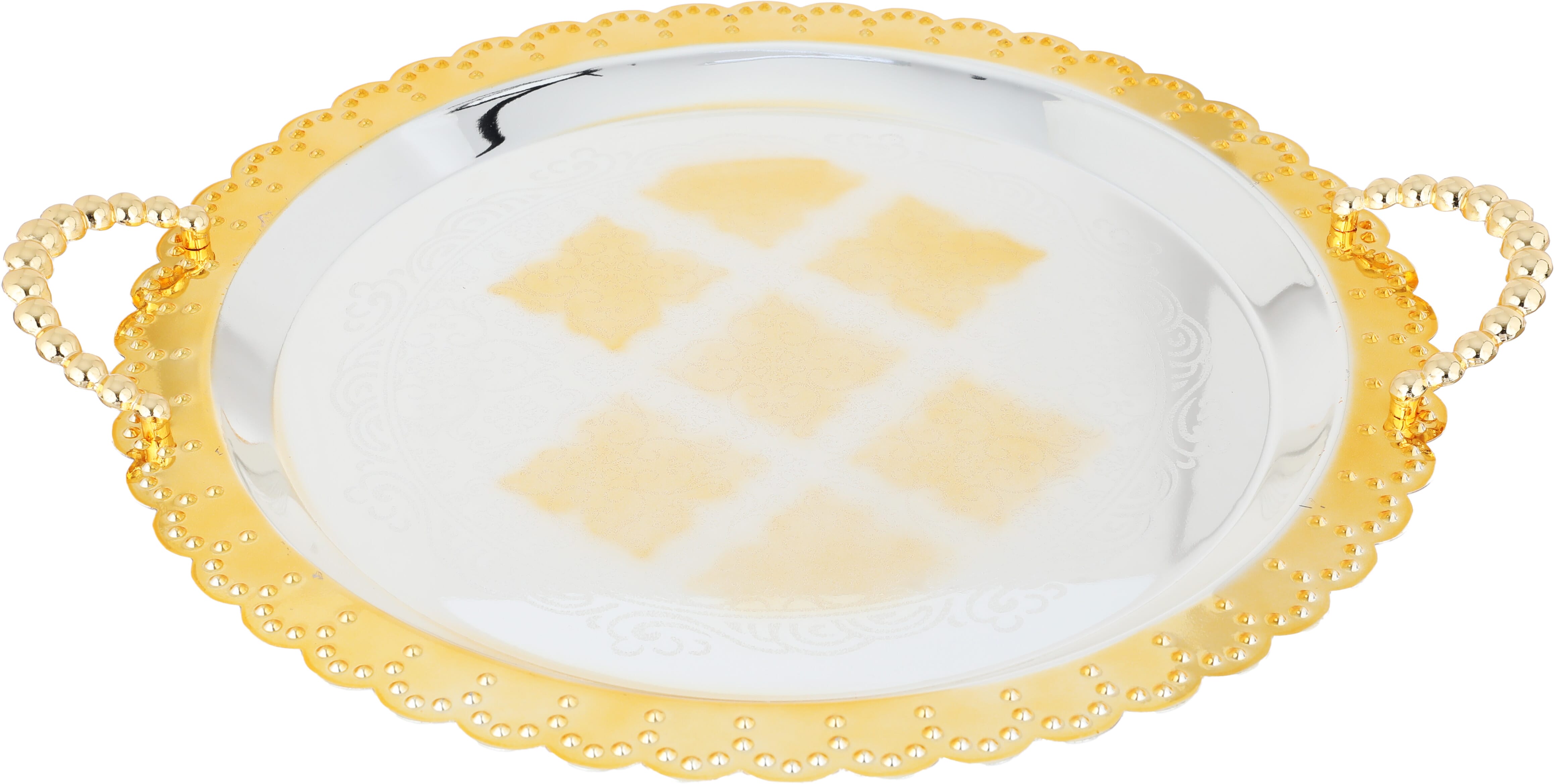 Al Saif Gallery steel tray set with golden edges, 3 pieces, round, engraved - silver product image