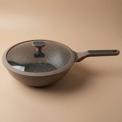 Robust Granite Frying Pan, 30 cm, deep, with glass lid - brown product image 1
