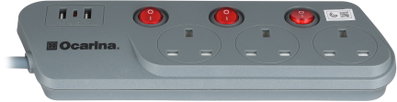 توصيلة كهرباء اوكارينا، 3 متر، 3 مخارج، 2 مخرج USB، مخرج TypeC، OCREX3W53U3G - رصاصي product image 2