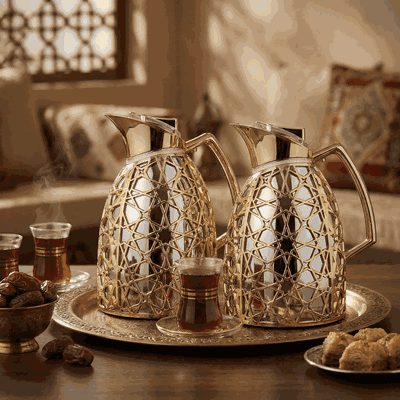 Al Saif Gallery Andalusia thermos set, 0.75/1 liter, Islamic inscription, glass inner case, plastic outer case - silver and gold product image 6