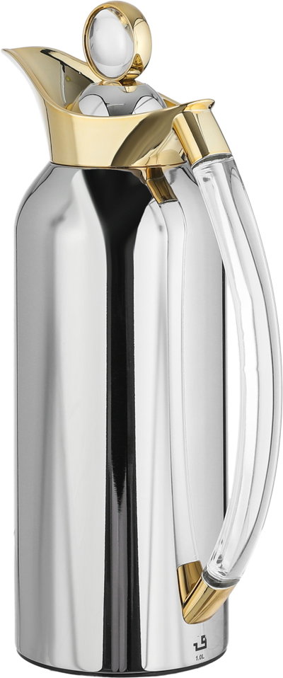 Al Saif Gallery Al Thuraya Thermos Set, 2 Pieces, 1/1 Liter, glass interior, transparent handle, push-button lid - silver gold product image 8