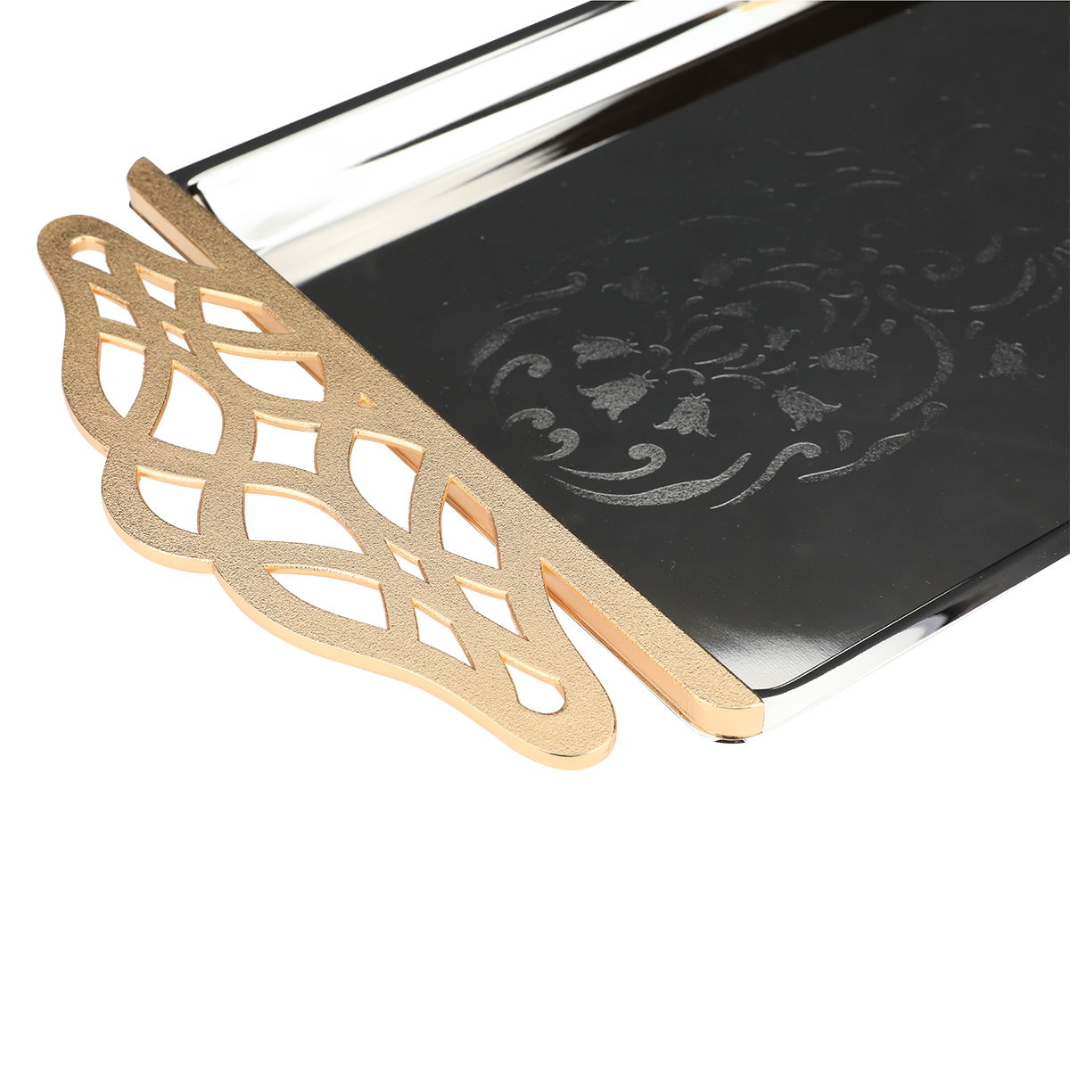 Al Saif Gallery steel tray set with a gold handle, two pieces, rectangular, engraved - silver product image 3