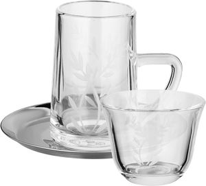 Al Saif Gallery Glass Cup and Tea Set, 18 Pieces, Stainless Steel Saucers, 12cm, Floral Pattern - Clear Silver product image