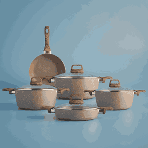 طقم قدور جرانيت روكي، 9 قطع، مسكة يد خشبي، غطاء زجاج - بني product image