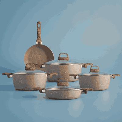 طقم قدور جرانيت روكي، 9 قطع، مسكة يد خشبي، غطاء زجاج - بني product image 1