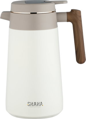 Shaha Stainless Steel Thermos, 1.7 Liter, Pump, Wooden Handle - White Beige product image 2