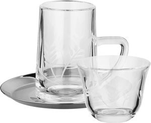 Al Saif Gallery Glass Cup and Tea Set, 18 Pieces, Stainless Steel Saucers, 12cm, Floral Pattern - Clear Silver product image