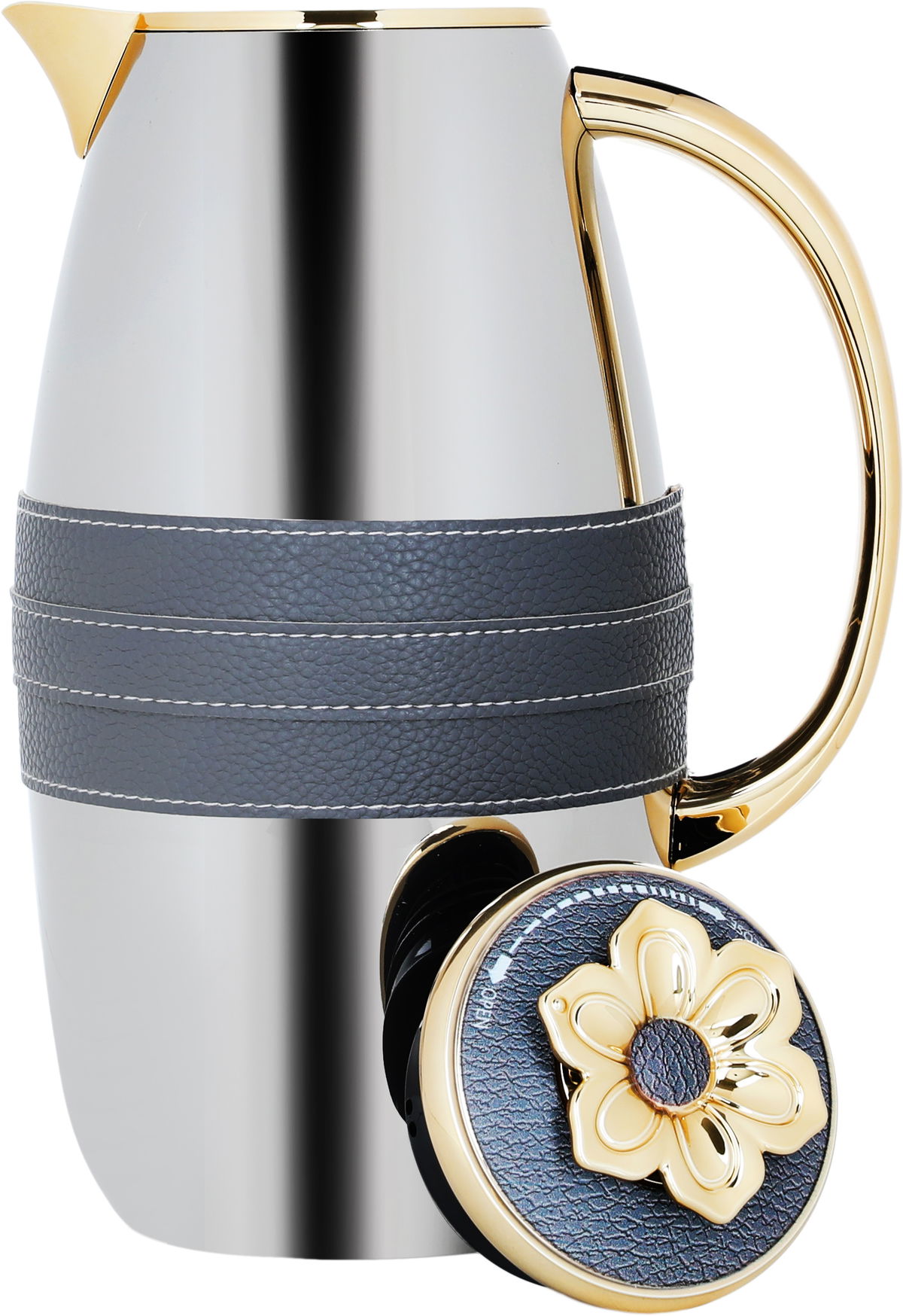 Al Saif Gallery Asmaa Steal Thermos Set, 1 - 0.7 Liter, Dark Gray with Gold Strap, 2 Pieces - Silver product image 5