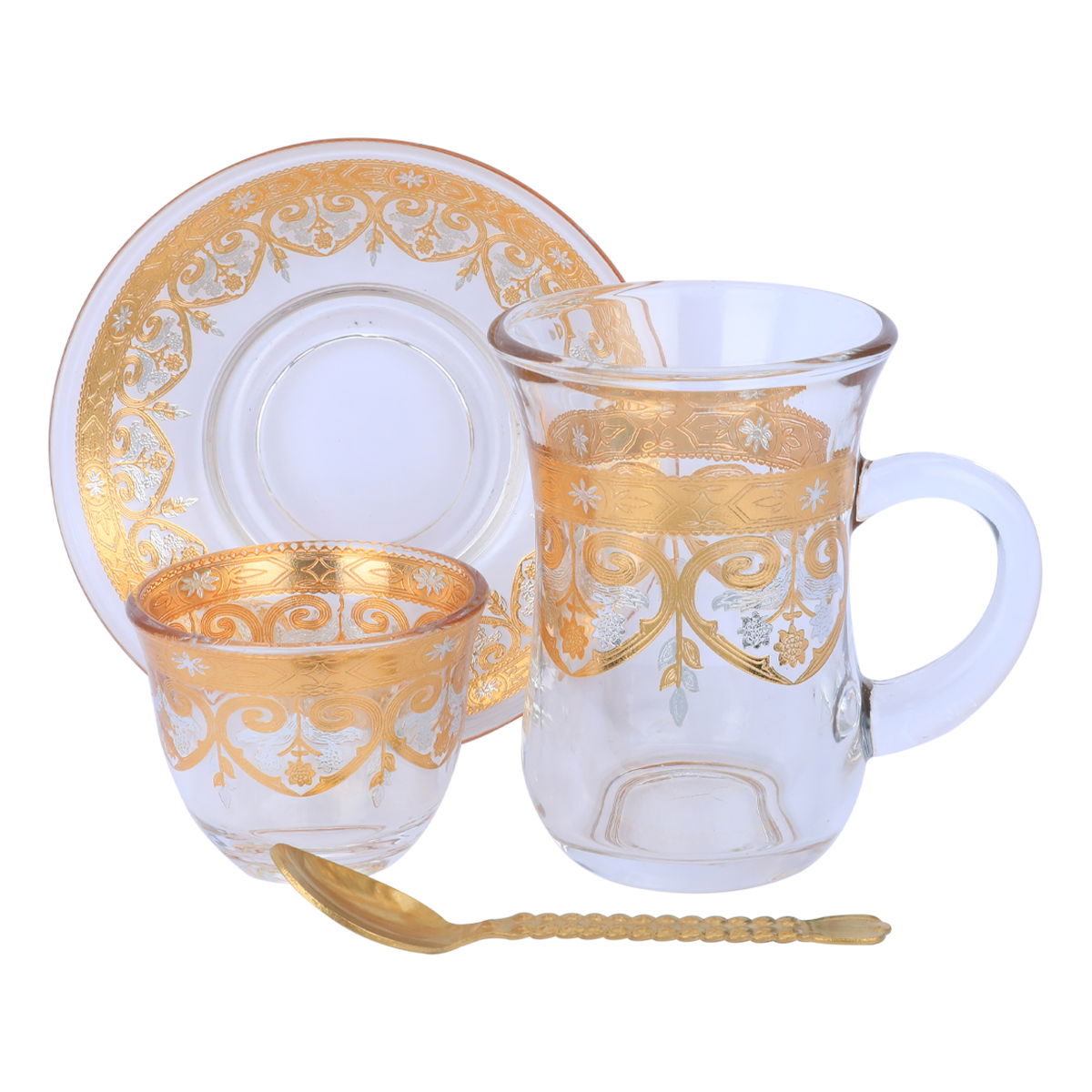 Al Saif Gallery glass tea and coffee serving set, golden pattern, 24 pieces - transparent product image