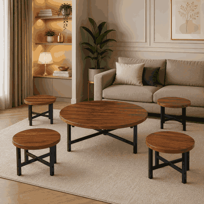 طقم طاولات خشب MDF و معدن، 5 قطع - اسود بني product image 1