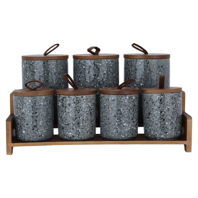 طقم علب بهارات بورسلان السيف غاليري، 7 قطع، حامل خشبي - أسود رخامي product image 2