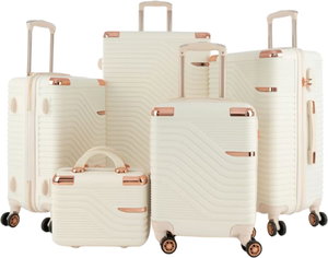 طقم شنط سفر ABS ليمرا، 5 مقاسات، 4 عجلات، زاويه 360 درجة، LMA-1464 - بيج ذهبي product image