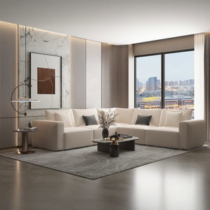 Modern Swedish wood sofa, 300 x 300 cm, Chanel fabric - off-white product image