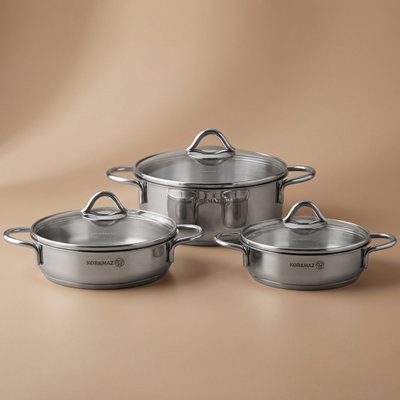 طقم قدور استيل بيكاتا تومبك كوركماز، 6 قطع، غطاء زجاج - فضي product image 1