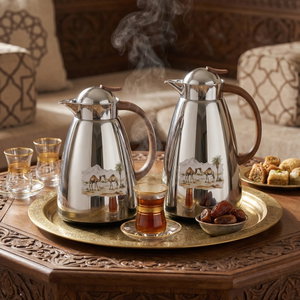 Saif Plus Thermos Set, 0.7/1 Liter, Glass Interior, Push-Button Lid - Shiny Wooden Silver product image 2
