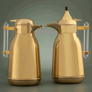 Al Saif Gallery Shahad thermos set, 1 liter, wooden handle, thermal glass inner case, steel outer case - gold product image