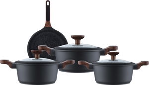 Robust Granite cookware set with glass lid, wooden handle, 7 pieces - black product image