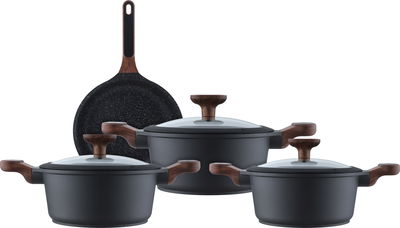 Robust Granite cookware set with glass lid, wooden handle, 7 pieces - black product image 1