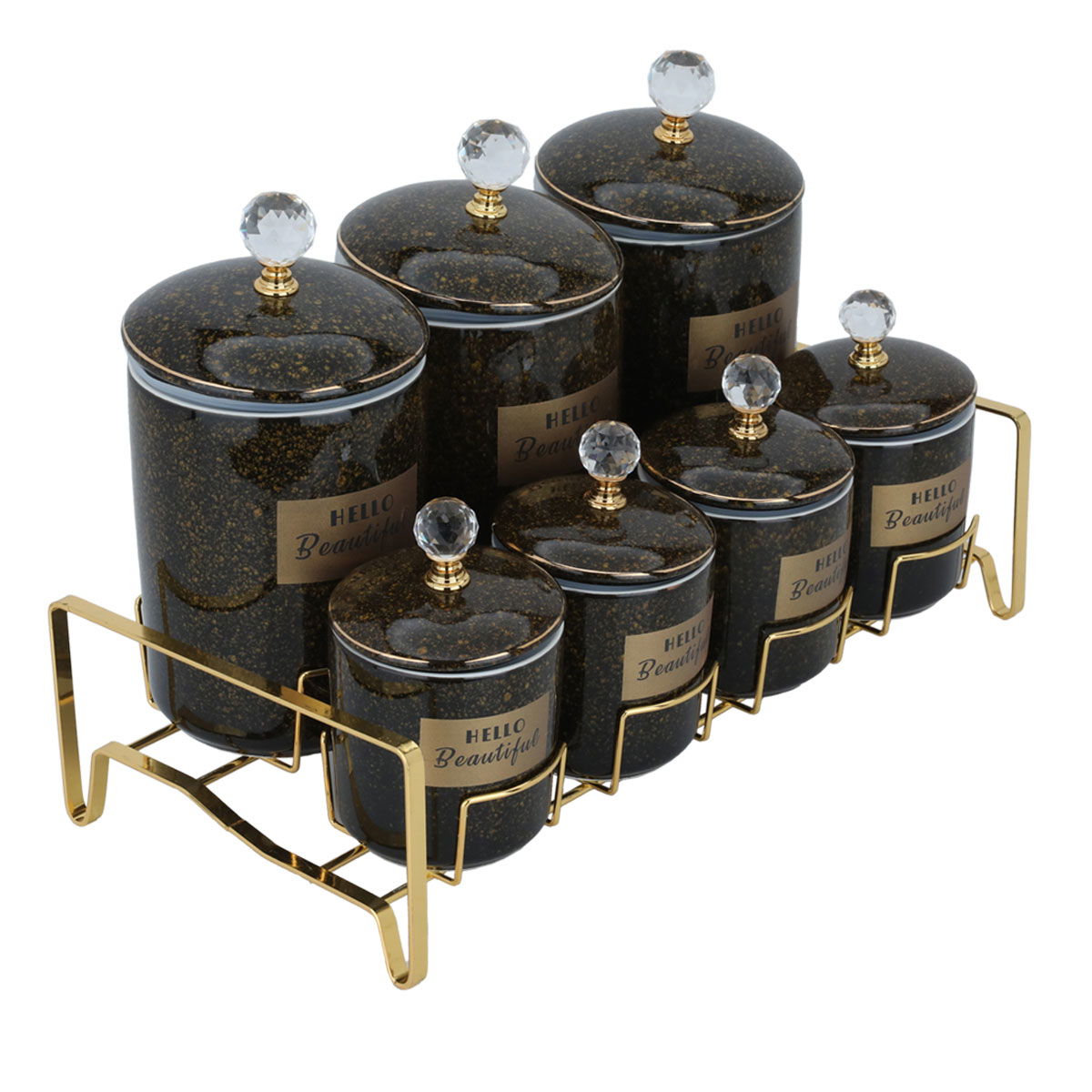 Al Saif Gallery porcelain spice boxes set, 7 pieces, gold stand - black and gold product image 2