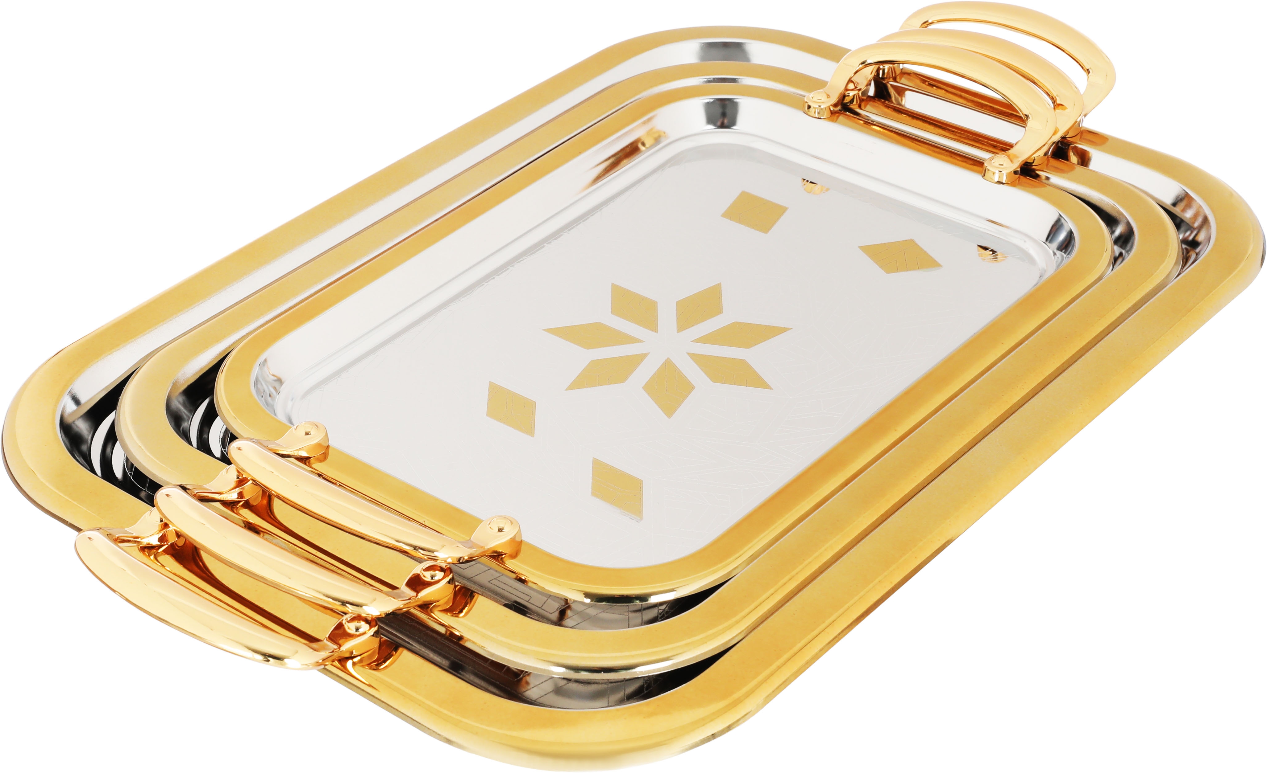 Alsaif Plus Steel Serving Treys Set with gold edges, 3 pieces, rectangular - silver product image 1
