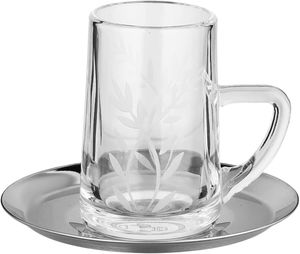 Al Saif Gallery Glass Cup and Tea Set, 18 Pieces, Stainless Steel Saucers, 12cm, Floral Pattern - Clear Silver product image 2