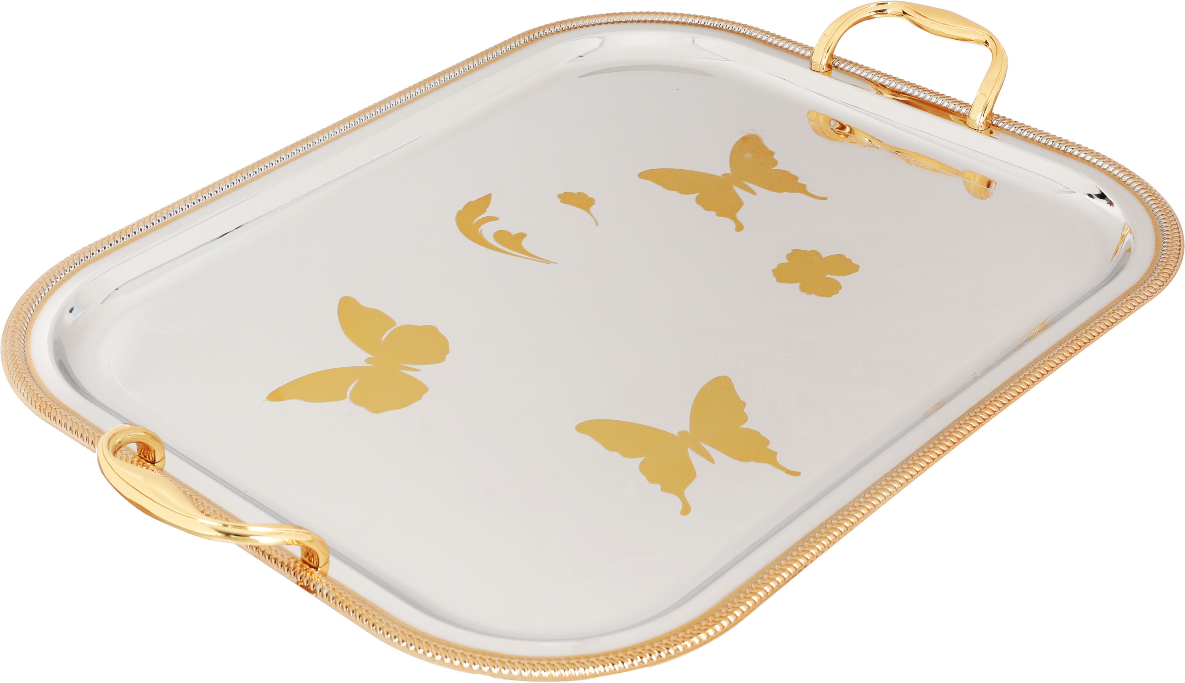 Alsaif Plus Steel Serving Treys Set with gold edges, 3 pieces, rectangle, butterfly pattern - silver product image 2