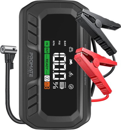 Promate Patrol Pack Alter 4-in-1 Multifunctional Car Jump Starter, Air Compressor, Built-in Power Bank, LED Flashlight, 65W, 150 lb Air Compressor, 7.5", LED Display, 3000 Amp - Black product image 1