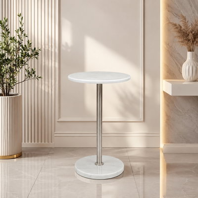 طاولة خدمة مفرد رخام، 56×35×3 سم، قاعدة رخام دائرية، رافعة معدن - فضي أبيض product image 1