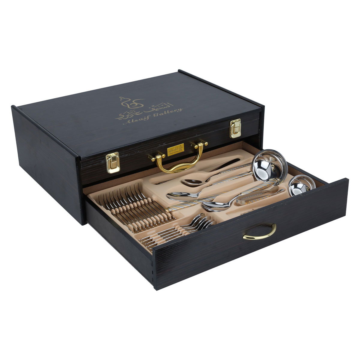 طقم ملاعق استيل السيف غاليري، 72 قطعة، منقوش، شنطة خشب بني - فضي product image 2
