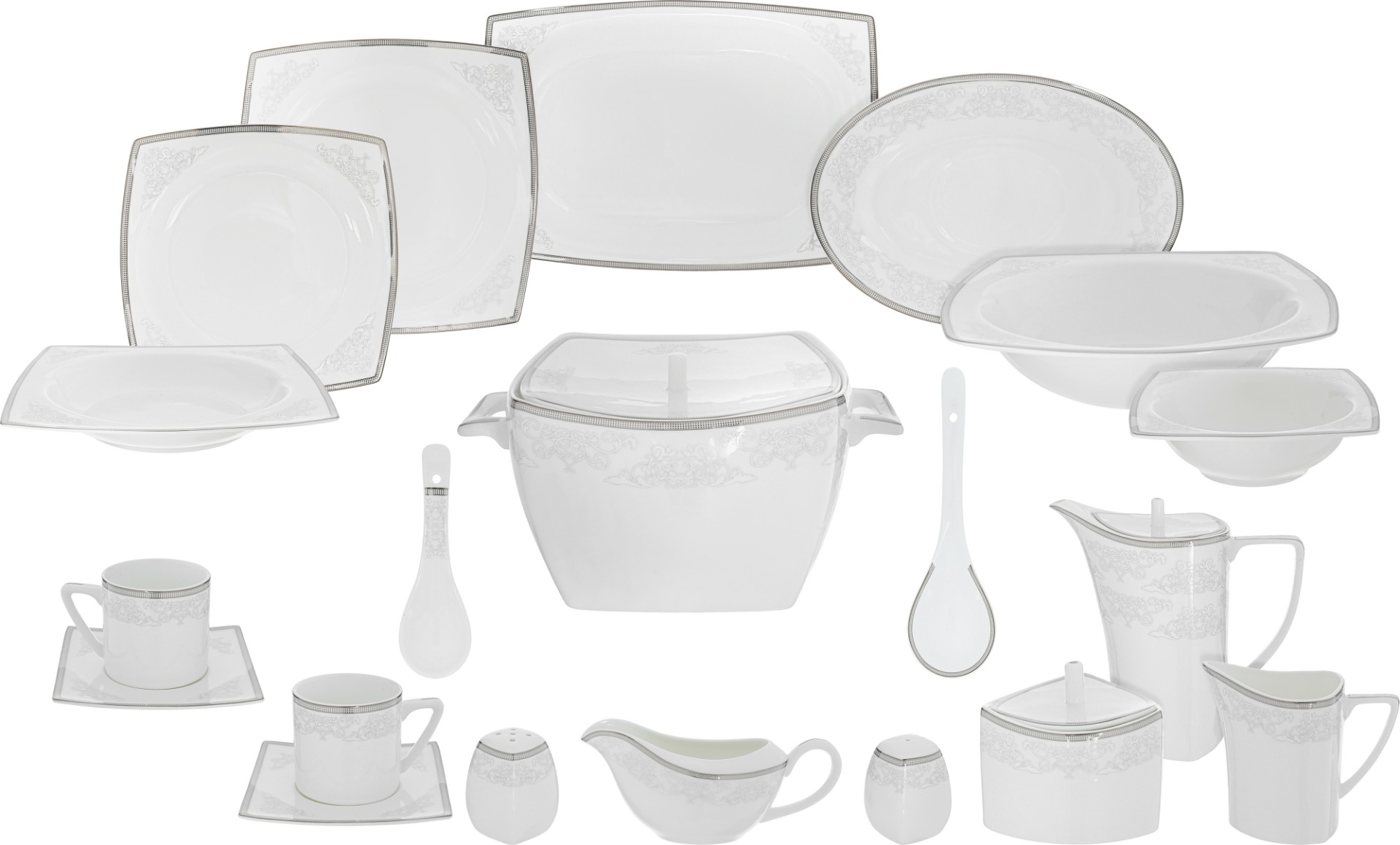 طقم سفرة بورسلان دانيا، 77 قطعة - ابيض فضي product image