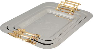 Al Saif Gallery Stainless Steel Serving Tray Set, 3 Pieces, Gold Handle - Silver Gold product image