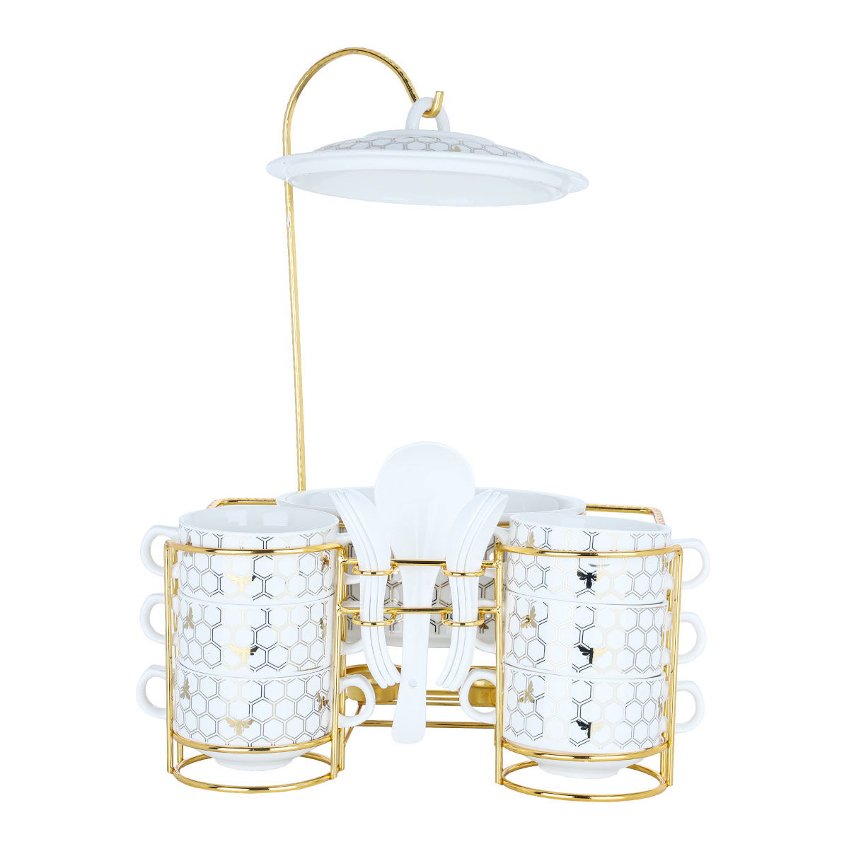 Al Saif Gallery Soup Heater Set With Porcelain Stand, 15 Pieces - Golden White product image 2