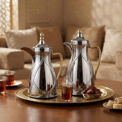 طقم ترامس طيف السيف غاليري، 0.7 / 1 لتر، 2 قطعة، خامة داخلية زجاج، يد ذهبي، غطاء ضغاط - فضي ذهبي product image 2